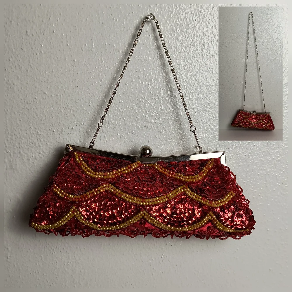 Evening Sequin Satin Mini Bag Beads Clutch Kiss Lock Red Metal Two Strap